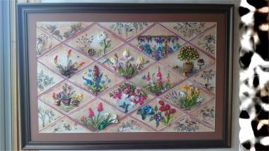 Картина вышитая шелковыми и атласными лентами "Ботанический сад" ручной работы