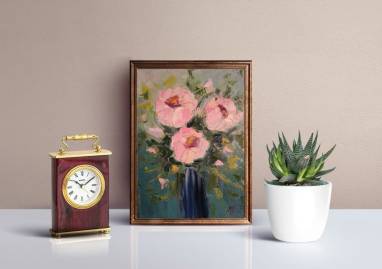 Картина маслом  с изображением розовых цветов  ручной работы